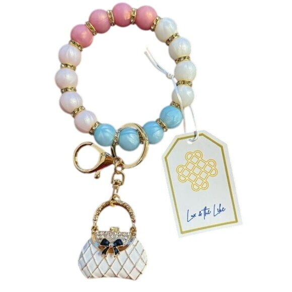 NWT Beaded Keychain Bracelet With Purse Charm & Gold Accents Pink White Blue - Picture 1 of 4
